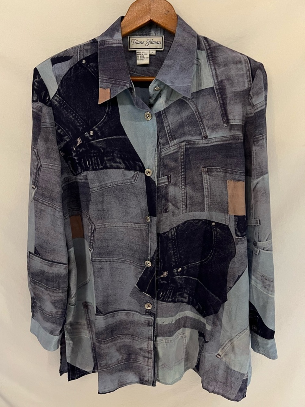 Vintage Diane Gilman 100% Silk Denim Jean Patchwork Design Print Top Size M